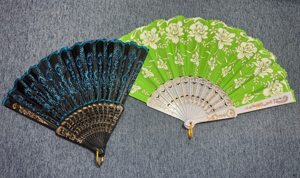 Oriental Folding Fans Set 2 Fabric White Plastic Handle Gold Blue Green Floral